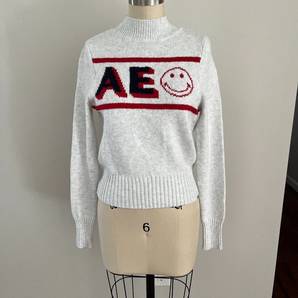 American Eagle x Smiley Collab Mock Neck Gray Knit Sweater Light Grey Retro XS